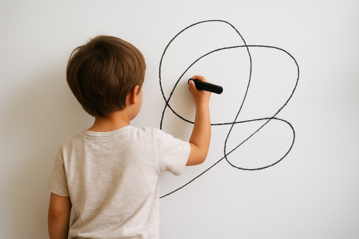 enfant qui dessine sur un mur